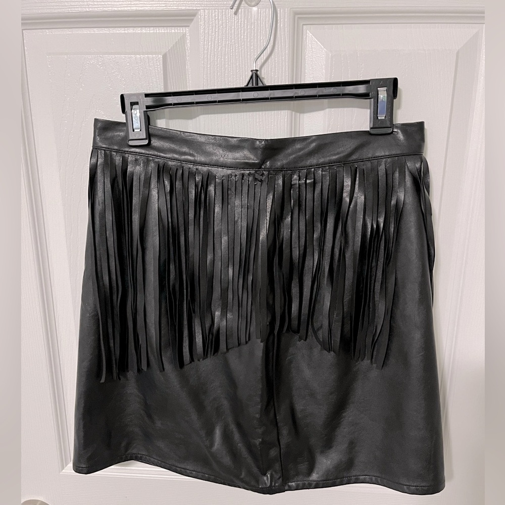 Vegan leather fringe mini skirt